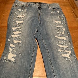 Rhinestone shredded boyfriend cut jeans